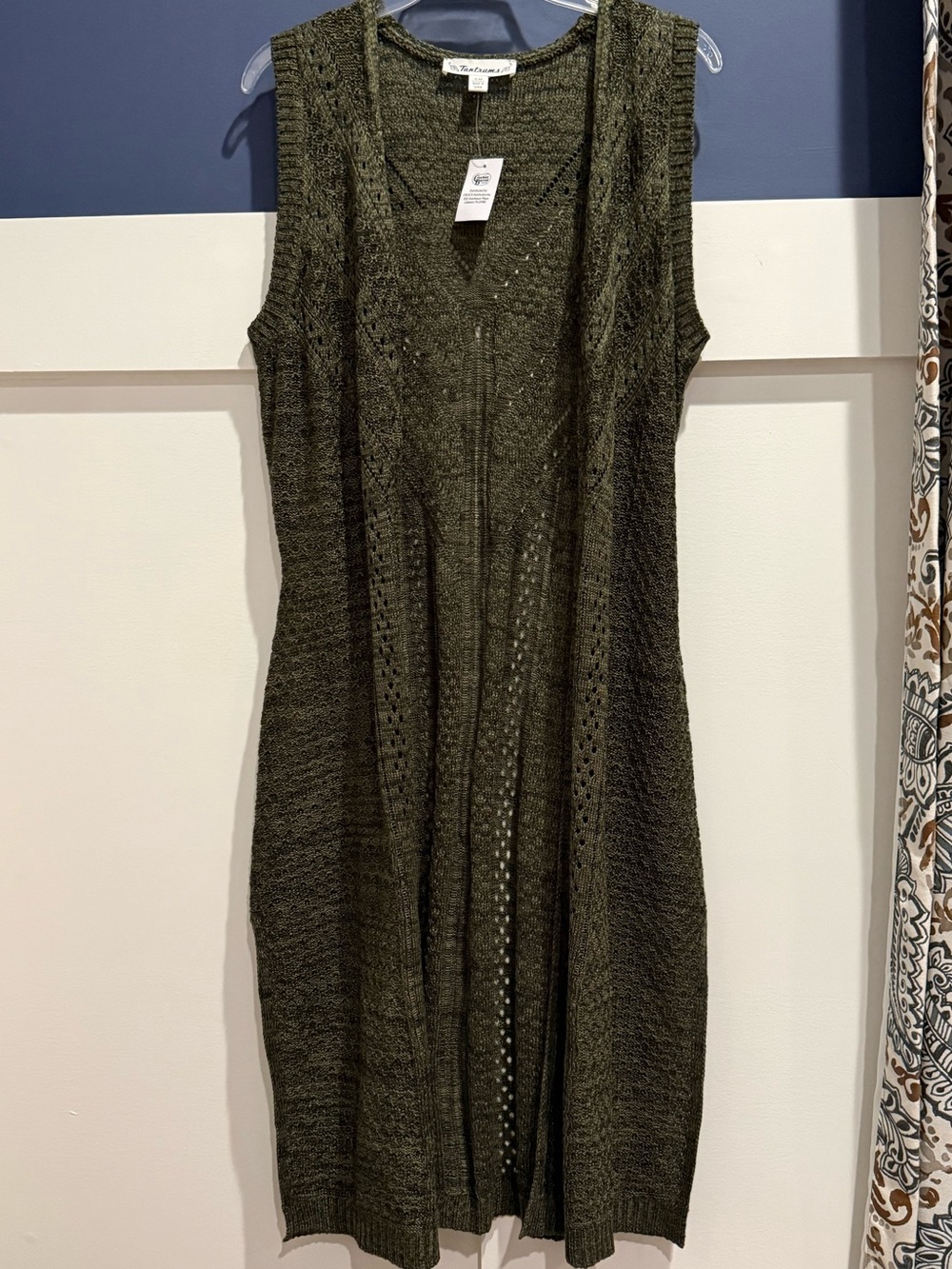 Tantrums Olive Open-Knit Sleeveless Long Duster Size S/M NWT